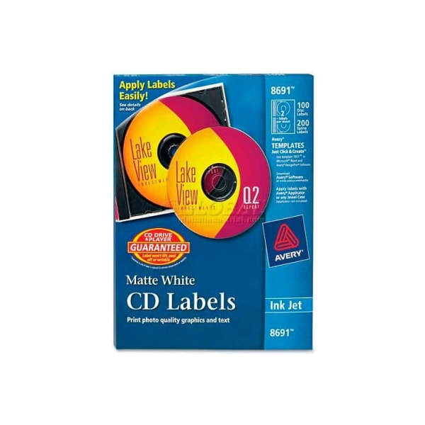 Avery Dennison Avery 8691 Inkjet CD/DVD Labels, Matte White, 100/Pack 8691 - main